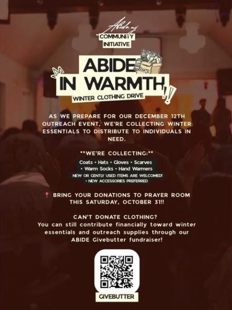 Abide in Warmth details and Givebutter QR code